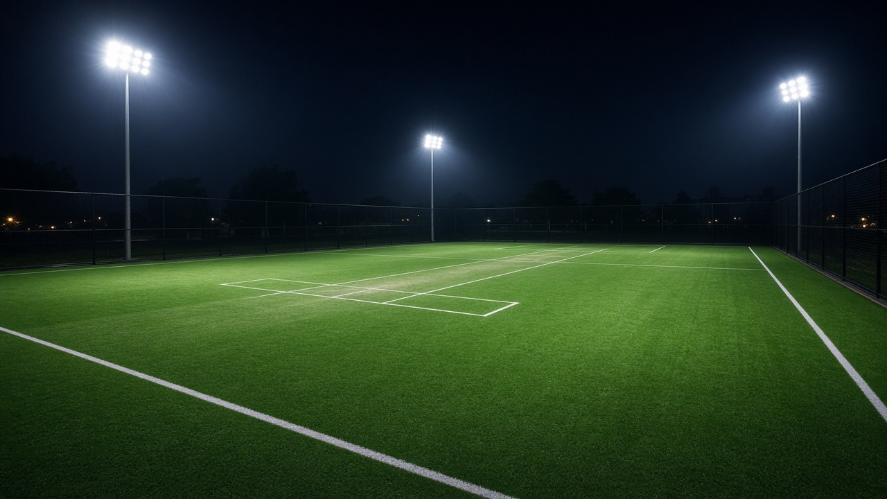 Floodlit outdoor box cricket turf at night
