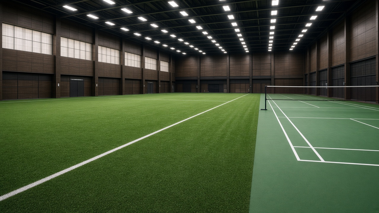 Indoor sports hall with turf and a court