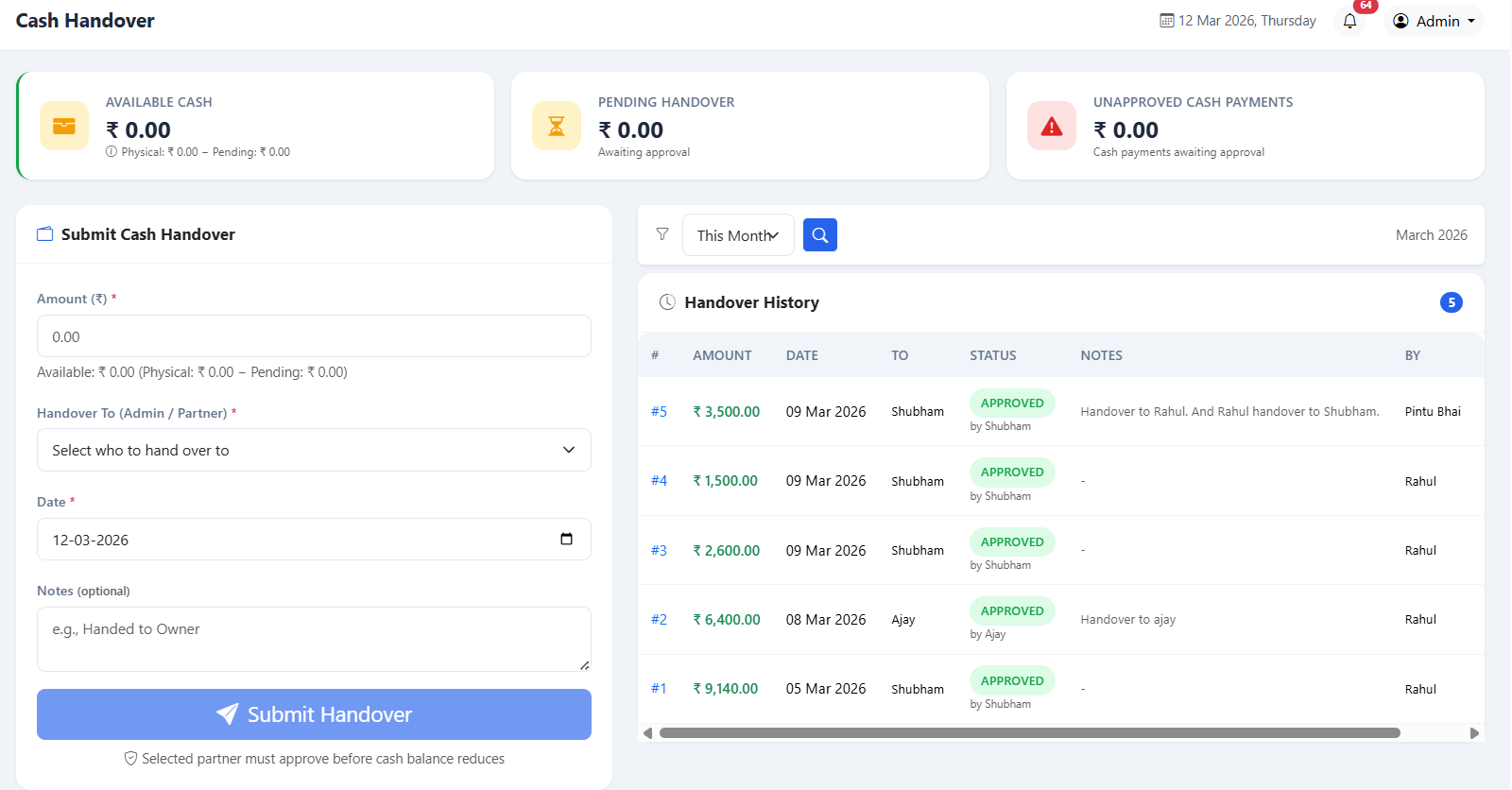 Cash Handover Dashboard